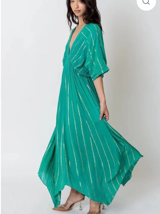 En Crème sold out Sabrina Lurex Kimono Maxi boho hippie Dress in teal, sz small - Picture 2 of 12